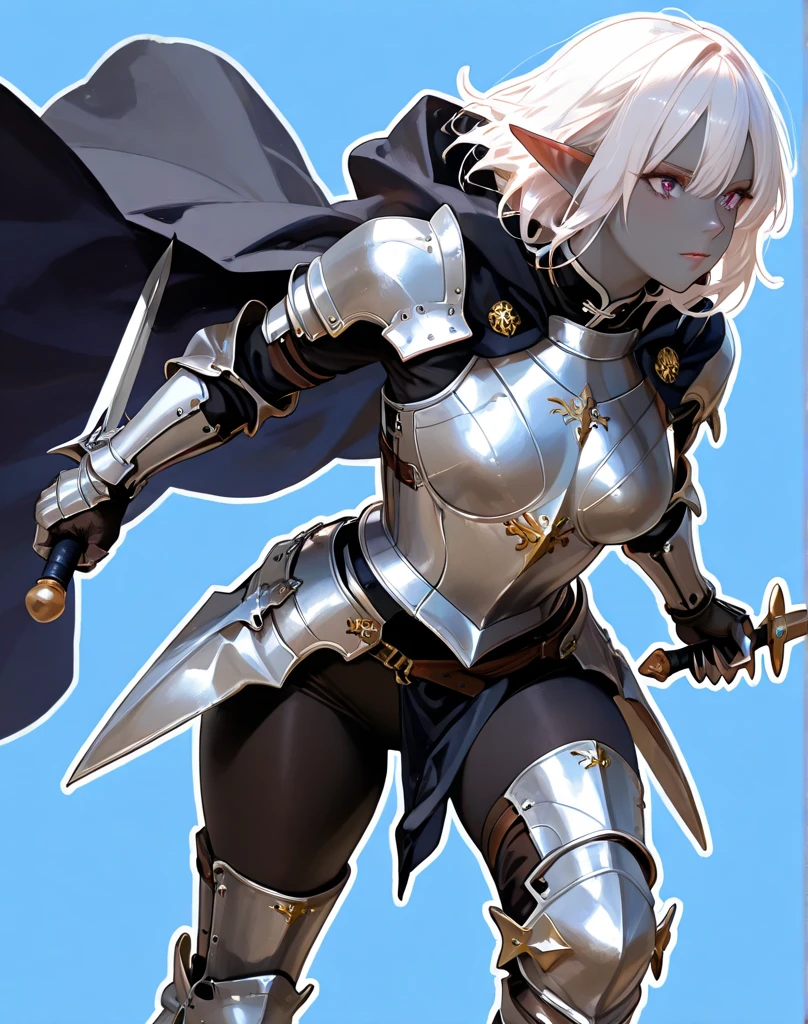 anime artwork 1girl, (emotion surprise:1.8), (close up facial portrait:0.8), elven, Arryn, almond shaped eyes, pale complexion, red eyebrows, thin lip lines pressed firmly together, warrior stance, plate armor adorned chest piece, short cut silver hair, has red eyes, silver hair, and a pale complexion. char keeps her, hair in a ponytail, that she ties off, with a black ribbon, Her armor is kept clean and she wields a lance as her only weapon. She has C-Cup breasts, wide hips, and a narrow waist, (emotion surprise:1.8) . anime style, key visual, vibrant, studio anime, highly detailed