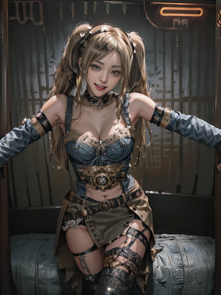 (Full body:1.4)、(Full Body View:1.4)、(Side view:1.1)、(Smiling with teeth showing:1.3),(Shibuya Gal:1.5)、(Beautiful:1.5)、(Punk RockVisual Kei:1.4)、(Burgundy denim with khaki and brown medieval tattered zip up:1.5)、(Wine red arm covers and tattered bugle pants:1.5)、(Wine red high heels:1.3)、(Wearing silver accessories:1.5)、(Dark brown collar:1.4)、(Leather garter belt:1.4)、(Red skin belt:1.3)、(Red lace underwear:1.5)、30 years old、NSFW、((Highest quality、In 8K、masterpiece:1.3))、Sharp focus:1.2、(Layered Cut、Huge boobs:1.1),Beautiful woman with perfect figure:1.4、(Doing an aerobics pose:1.3)、Slender Abs:1.2、Highly detailed face and skin texture、Detailed eyes、double eyelid,(Twin tails:1.3)、(Brown-golden hair:1.3)、Gravure idol、(A fairytale-like cafe with a lush tree background:1.3)、(Slim Body:1.3),(Make your legs thinner:1.4),(Thin, thin thighs:1.3)、（clavicle:1.1）