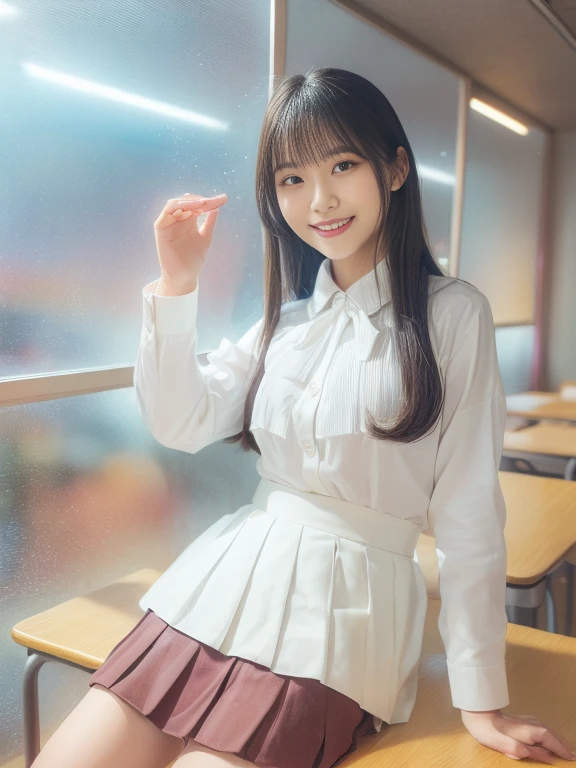 (highest quality, masterpiece:1.2), highest quality, High resolution, 1080P, 8K, Height: 158cm, ((A noble and intelligent girl like Japanese cute girly lady is hypnotizing and giggling, A very sweet, very noble, pretty and neat Japanese beautiful cute girl. Realistic very girly sweet cute princess is standing)), ((((14 years old, popular fashion model)))), ((((White face with plump cheeks)))), Glossy lips, (Evenly cut bangs), ((Very beautifully laughing brown drooping gooey eyes)), (The very large, shiny, wide yellow ribbon bow-tie on her chest is very cute)., ((straight black very very long straight hair)), (((pink colored blouse))), (A neat school uniform), Very lustrous, glossy lips, Open hand over open mouth, Beautiful hair like a hair model, yellow hair ribbons, ((black pleated long skirt)), Watching the viewer and laughing, ((Incredibly well organized, The expression is rich. plump and beautiful skin and face)), ((Pure and clear sweetly smiling eyes)), Long eyelashes, ((smiling at me)), Glossy Lips, ((noble and neat)), ((Like a succubus is fascinating with magic and giggling)), ((((fascinating)))), ((highly up-curved lips)), ((looking at the viewer directly))