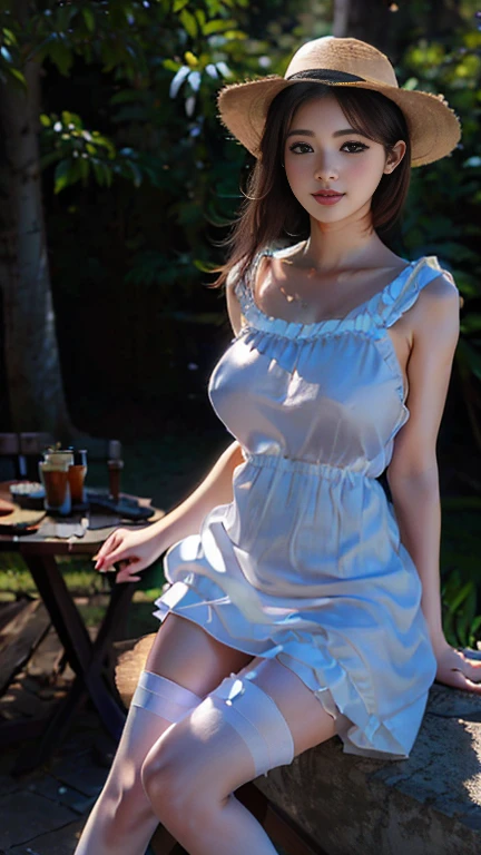 [[((young attractive Asian woman:1.6)), ((Sophie Tan:1.5)), standing in a cobblestone street of a tropical village, with her back to the camera. She is wearing ((a tight, short tropical mini dress with ruffles:1.4)), accentuating her curves and adding a playful touch. Her hair is styled in a high bun, and she has a seductive, intense gaze over her shoulder. The background features colorful houses, blooming bougainvillea, and a clear blue sky. The scene is captured with a ((full-frame DSLR:1.4)) using a ((35mm prime lens:1.4)) to keep Sophie in sharp focus while the background is slightly blurred. Post-production enhances the vibrant colors and adds a ((soft bokeh effect:1.3)) to the background. The image should be in ((8K resolution:1.5)) with ((hyper-realistic detail:1.6)). The backdrop highlights the picturesque cobblestone street with detailed textures of houses and flowers. The focus is on Sophie's chic tropical mini dress with ruffles, along with her seductive, intense gaze, capturing the essence of street chic fashion. The overall composition is designed to evoke a sense of elegance and style, making it a captivating feature image for any publication.]]