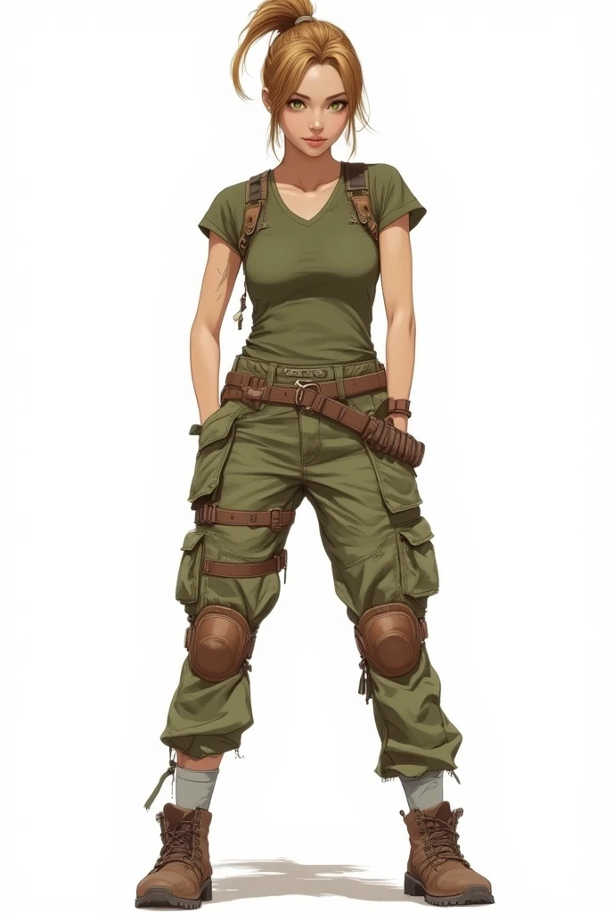 1 girl, solo,, ddstyle, ddstyle,darkest dungeon ,<lora:DarkestDungeonV2:0.8>, <lora:yuffie-nvwls-v1-final:0.8>, yuffie kisaragi,headband, sleeveless turtleneck, shoulder armor, armguard, fingerless gloves, tan shorts, single thighhigh, fishnets, socks, sneakers,