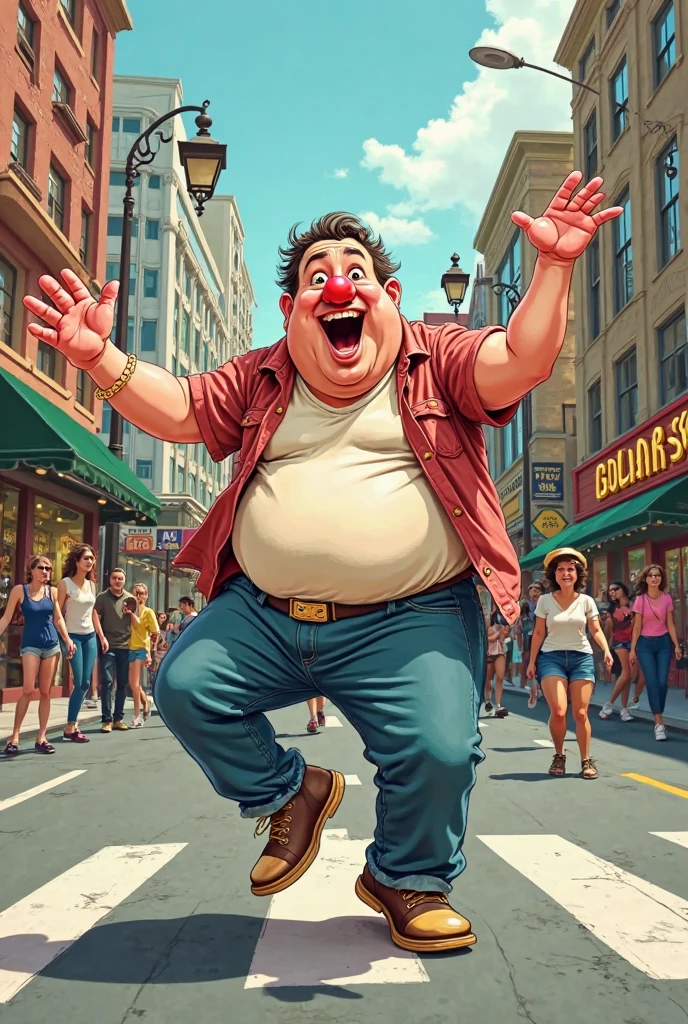 A fat and very hairy man without a shirt, smiling while skateboarding