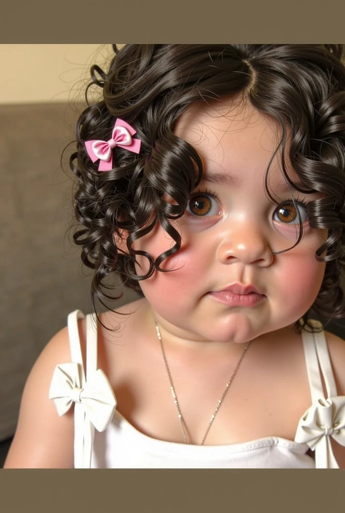 A five year old . brown curly hair, the hair has volume. Round and black eyes, with a pink mouth, the round face. She is very small. He's wearing a black blouse, jeans and boots.. Big cheek and small forehead
