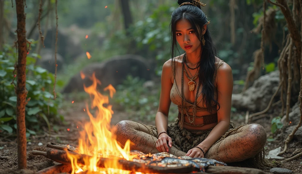 A scene of primal, Photo Realistic unbridled savagery deep within the heart of a dense, unexplored Korean forest. In the center, a young feral women, their bodies painted with intricate tribal tattoos and adorned with bones and feathers, surround a makeshift campfire. Their eyes, filled with a mix of hunger and primitive excitement, reflect the flickering flames as they feast upon the flesh of their latest captive, a trembling male whose pleas for mercy fall on deaf ears. The naked female cannibals, each possessing a distinct, animalistic beauty, are caught in various stages of carnage: one gnaws ravenously on a freshly severed limb, while another sharpen a crude knife against a whetstone, eager for her next cut. The background is a tableau of horror, with impaled heads mounted on spikes, skulls arranged