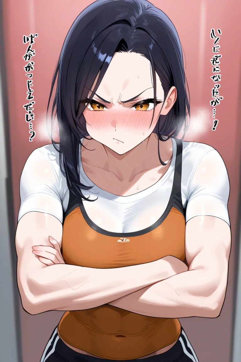 mature woman, hair over one eye, golden eyes, Tomboy, sweatpants, looking at viewer, shoulder-length black hair, off shoulder, bedroom, hand on hip, messy hair, standing, red jacket, black tank top, solo, fit