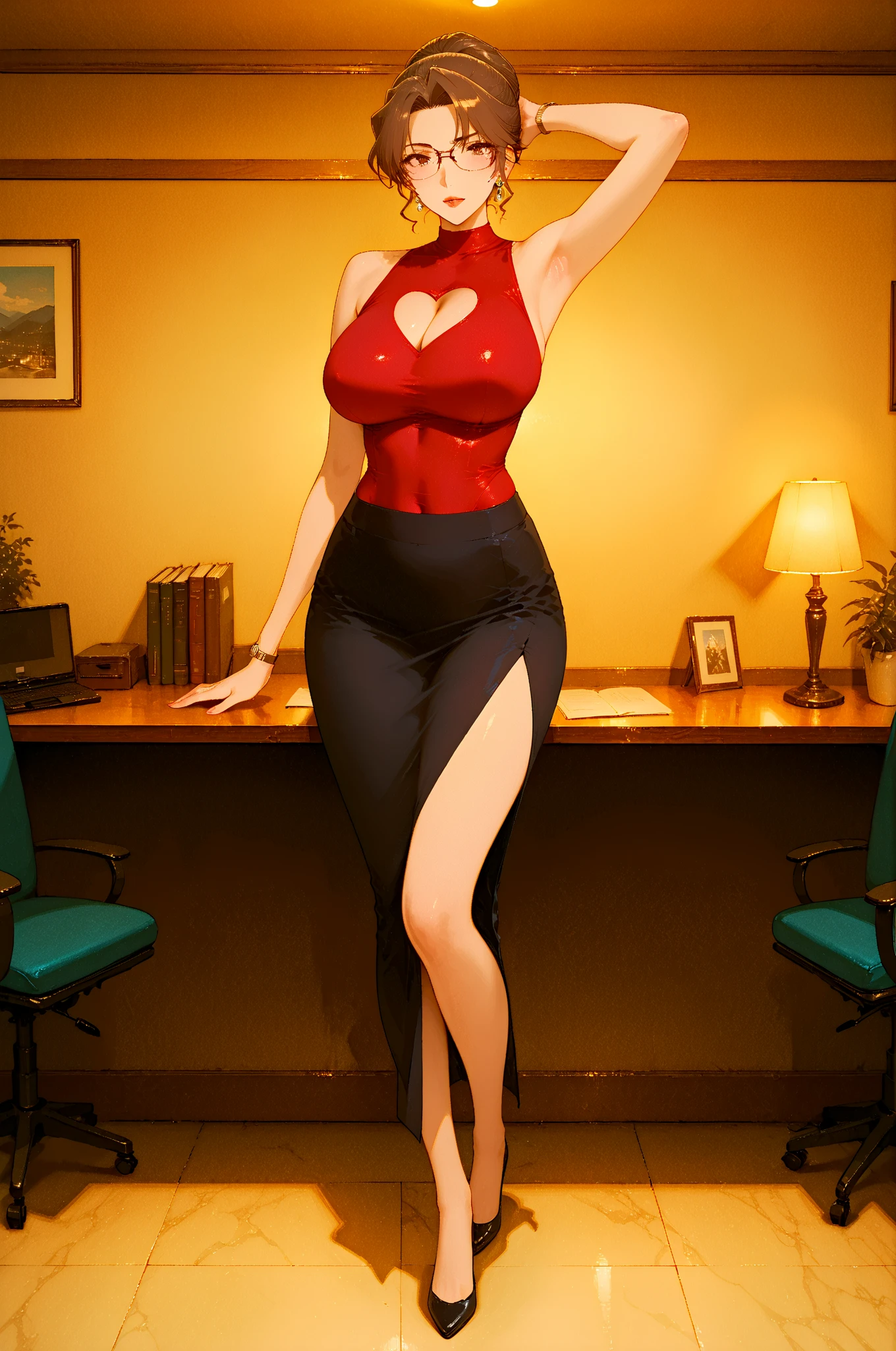 A girl super heroes beautiful sexy big breast black hair short cut her blue eye pink lip she wears blue blouse tied knot shows navel and a red skirt red heel black gloves
