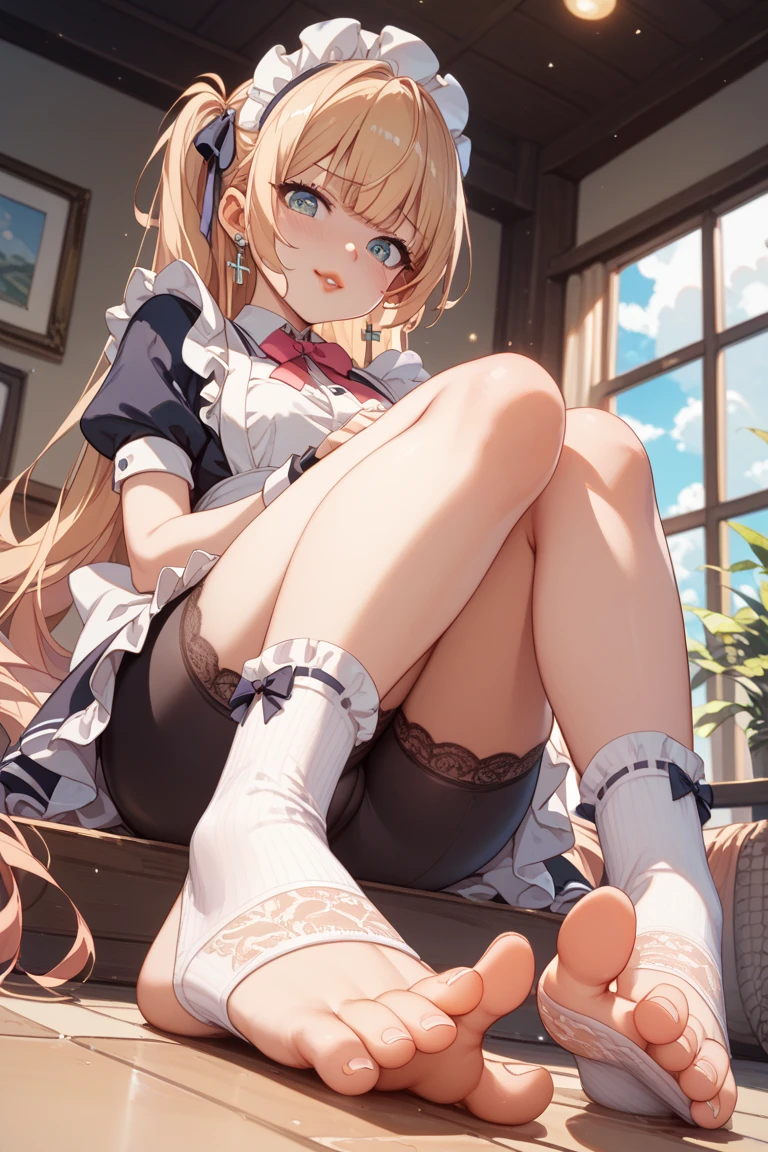  sawachika eri, twintail,sawachika eri, twintails, long hair, blonde hair, brown eyes, hair ribbon,smile, hair ribbon,, bob cut, smile, maid, blue dress, maid apron, maid headdress, red neck ribbon, puffy short sleeves, white wristband, white thighhighs, dutch angle, score_9, score_8_up, score_7_up, score_6_up, anime coloring,Seated pose, focus on soles of feet