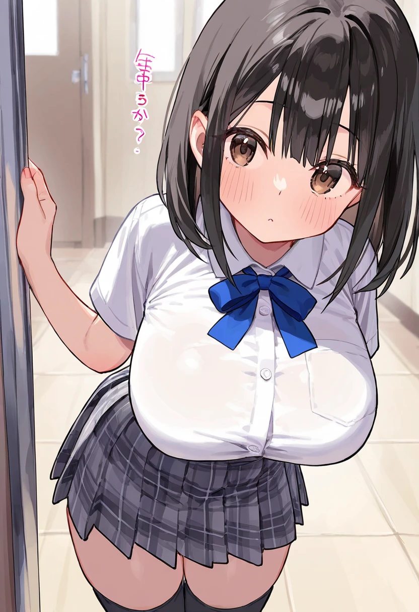 (head shot:1.2), (from above:1.2), frame in, from right in front of face and body, view straight on, upper body, High quality, very high res, High quality, very high res, cute girl, brown hair, forehead, blunt bangs, bob cut, blush, Brushed up bangs, wearing a plain t-shirt, shirt lift, medium breasts, pale pink nipples, I can see your belly button, (kneeling down pose), fellatio, pleated skirt, at office