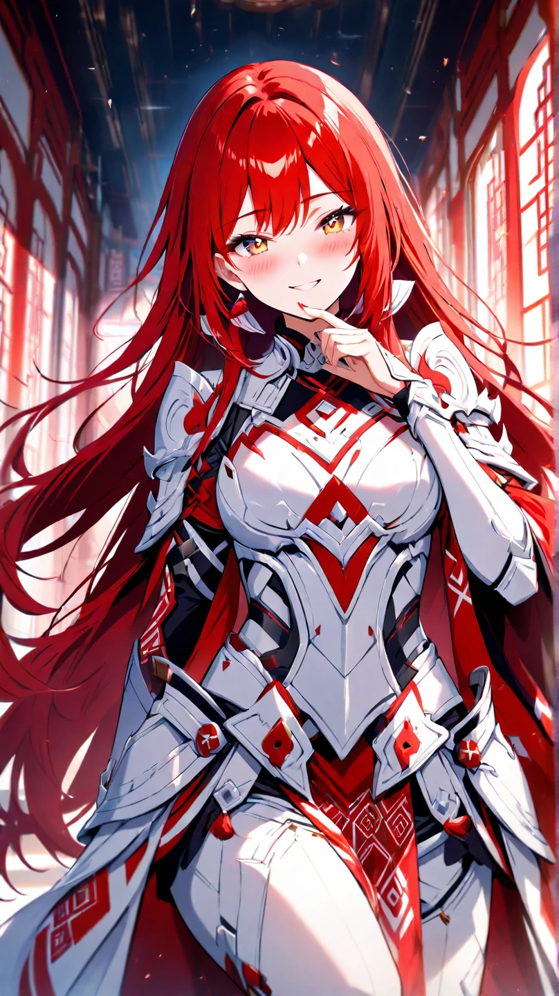 High quality, high definition, hig
h precision images,8k 1 Girl Robot Girl、red hair,Twin tails,Red eyes ,(red and white clothing Hold it with one hand),,He's wearing flashy robot armor.school blackboard towards,in Japanese red twin tails It writes,Pop doodles on the blackboard,
