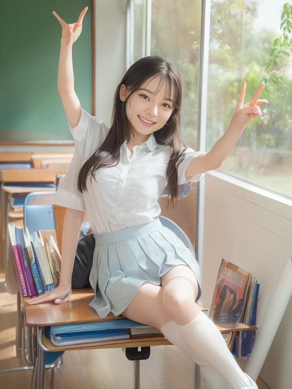 Photorealistic, Beautiful, Asian, older child, wearing short sleeved white blouse, smiling brightly, wearing white thigh highs, wearing white heels, wearing black miniskirt, long black hair, sitting on corner of office desk in an executive office suite, extreme detail, 8k, wallpaper, ultra realistic skin
