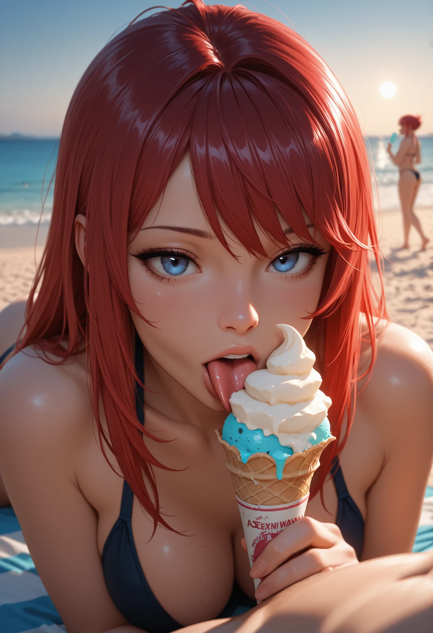 NSFW. (nude) (Nami, large breasts), POV, giving a blowjob to an African man's huge cock, deep throat, cum covered, bukakke, on a deserted beach, shipwreck, (depth of field) (dramatic sunlight), ((best quality)), ((masterpiece)), (detailed)