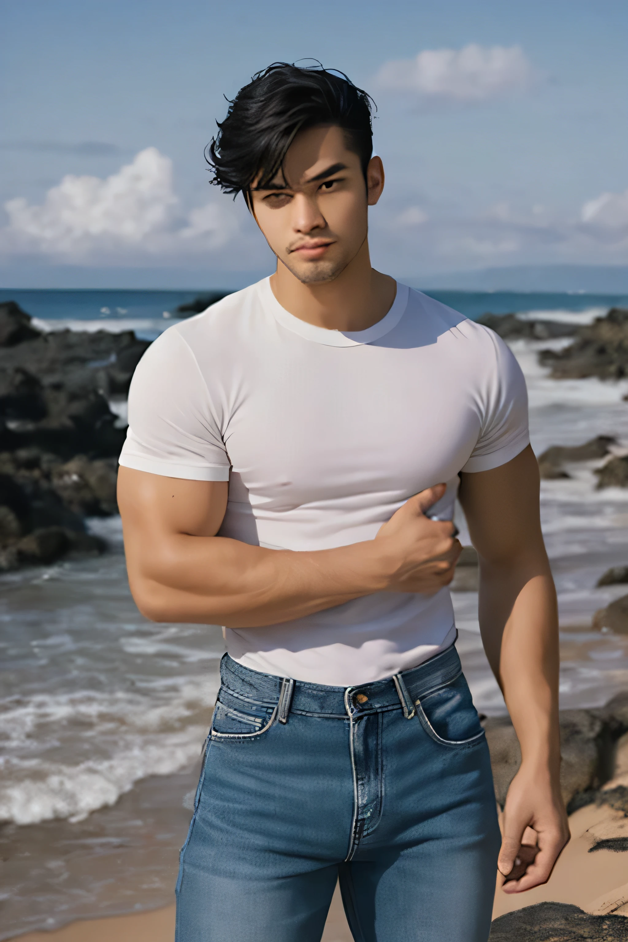 A young Asian man stands, handsome, muscular, looking at the camera. In a simple black t-shirt, Fieldside, grass, beach, sunlight