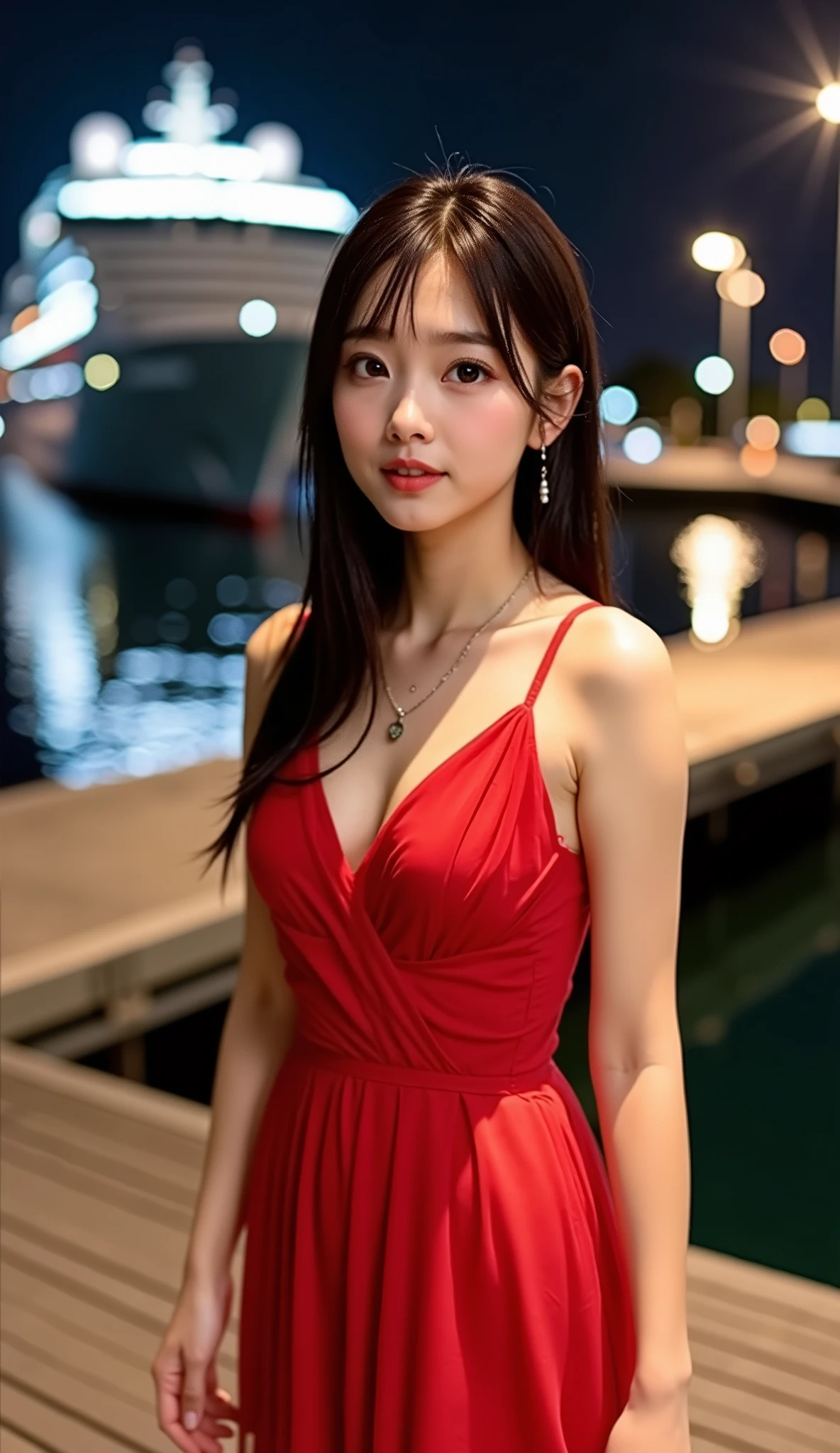 ((High Angle: 1.35)), ((Full Length: 1.5)), petite young Japanese woman, (Cute face like an idol), (Nogizaka46 style), ((date)), (Bend forward greatly), (nighttime pier), (very large cruise ship in background), night view and street lights, (looking up toward camera), smiling, blurred background, ((sheer red party dress long dress)), simple necklace, simple ring, swinging earring, anklet on left ankle, ((red high heels)), (small white handbag), Transparent white skin, slender body, beautiful black hair, straight very long hair down to waist, Makeup for parties, (dynamic pose:1.4), (beautiful and huge breasts), (beautiful and huge breasts), limbs accurately portrayed, RAW photo, 16K, reality, professional shooting technique, super high quality, 16K, Real Photo