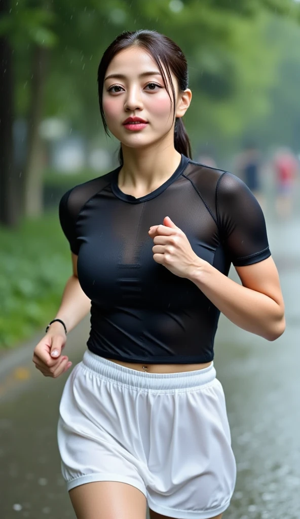(High reality photograph, high resolusion, detailed face, detailed eyes) Skinny Japanese lady, 40 years old, wife, cute face, various face expression, solo:1, various hair style, lovely body, skinny figure, small breasts, emphasizing very thin waist, casual clothes, jogging in a rain, full-body photo
