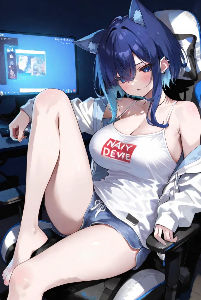 1 girl, solo, Shirogane_Noel, large breasts, blue hair with white tips, short hair, sidebangs, hair between eyes, wavy hair, hairtubes, dark red eyes, wearing glasses, horns, wide hips, curvy waist, thick thighs, cold expression, cute black blouse, purple skirt, black stockings, sitting, alien-like command-post, computer