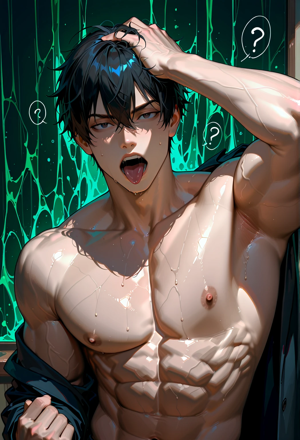 ultra-detailed, masterpiece, best quality, highres, extremely detailed, nsfw, (solo shoot:1.5), (1boy:1.5), man, (lean guy:1.5), short hair, work clothes, open shirt, bottomless, torn clothes, drunk, (restrained:1.5), shackles, handcuffs, gagged, bondage, (excessive cum on body:1.5), strobe lighting, spotlight,