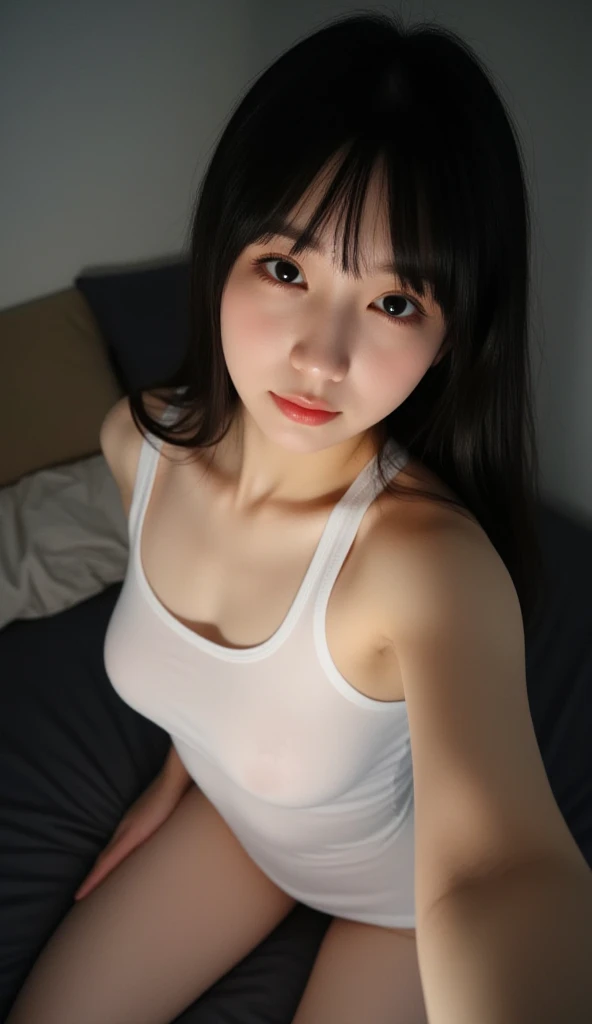 NSFW, 1 girl、(super detailed face:1.5), happy, smile, open mouth, (15 years old:1.5), black hair、long hair、(big breasts:1.5), have cleavage、carvery, I can see your belly button、 (see-through white camisole, see-throuch ultra tiny panties:1.5), Log Houses, log cabin, warm lighting、 on the bed、(laying on own back:1.6)