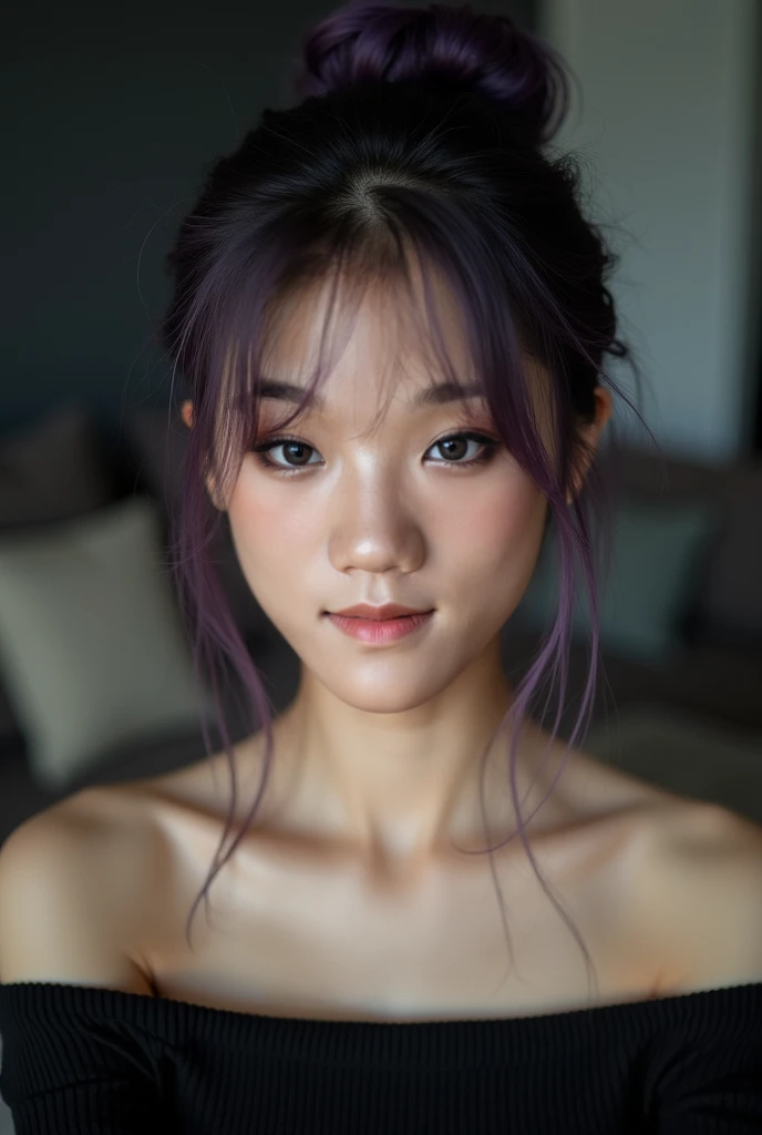 A woman, japanese, sensual, she is an adult, long black hair with bangs, (((a woman with black hair and bangs 1.7)))(((very beautiful))), perfect faces, she is surrounded by lilac flowers in her room, dark and cold palette, light blue dress, gray eyes, 8K, freckles on her face, beautiful breasts, extremely detailed, (high quality, realistic, photorealistic: 1.37), ideal proportions and defined skin, meticulously crafted features, inaccessible beauty, perfection, artistic art, vivid realism, hyper-detailed sculpture, realistic shapes, truly inspiring, impeccable craftsmanship, pure brilliance, ethereal beauty, delicate contours, striking poses, sublime beauty, subtle nuances, dynamic compositions, vibrant colors, perfect lighting, moving expressions, heavenly aura, majestic presence, dreamlike atmosphere, unmatched high level of detail, high octane rendering on artstation, 8k art photography, art conceptual photorealistic, cinematic volumetric soft natural light, chiaroscuro, award-winning photography, fine art, oil on canvas, beautiful, detailed, intricate, insane