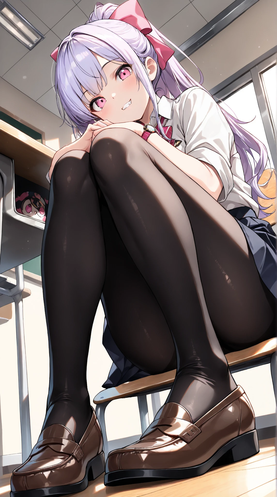 masterpiece, best quality,Iori Fuyusaka 1, 1 woman, alone, hair flower, , headdress, flower, skirt, long hair, serafuku, shoes, whole body, loafers, pleated skirt, black skirt, gray hair, white flower, gray eyes, outline, long sleeves, looking at viewer, black pantyhose, smile, joyful face, arms behind head, spread legs, squatting, pussy, deatailed pussy, Highly detailed classroom background, arms up, straight on