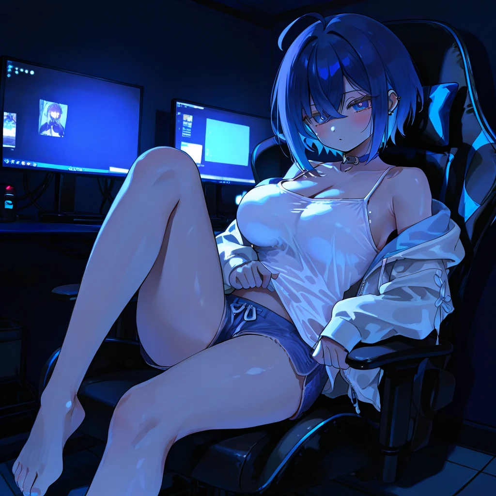 female streamer, cute hoodie, petite, panties leaked, masterpieces, 16k, doing stream in front of computer, nude (video tape 1:1.2)