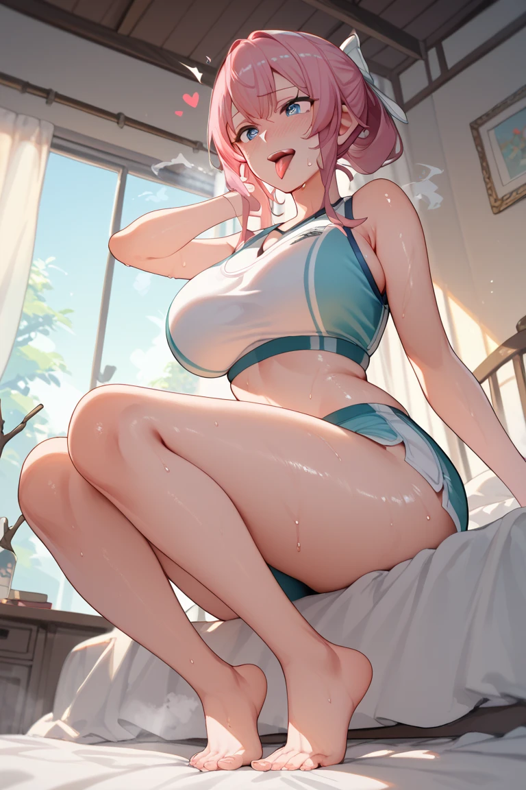 High school girl, pink short hair, bangs cover one eye, droopy eyes, big breasts, thick thighs, white panties,