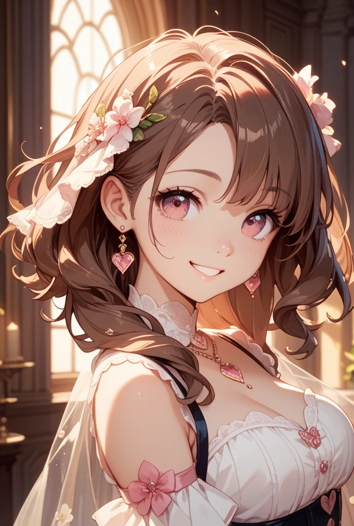 <lora:Pony_Style6559515941-000200:0.8>, score_9, score_8_up, score_7_up, score_6_up, score_5_up, score_4_up, 1girl, solo, dress, long hair, rose, flower, brown hair, tiara, looking at viewer, blush, parted lips, bow, bangs, off-shoulder dress, two side up, bare shoulders, hair bow, pink nails, nail polish, smile, pink theme, hand up, collarbone, off shoulder, petals, glint
