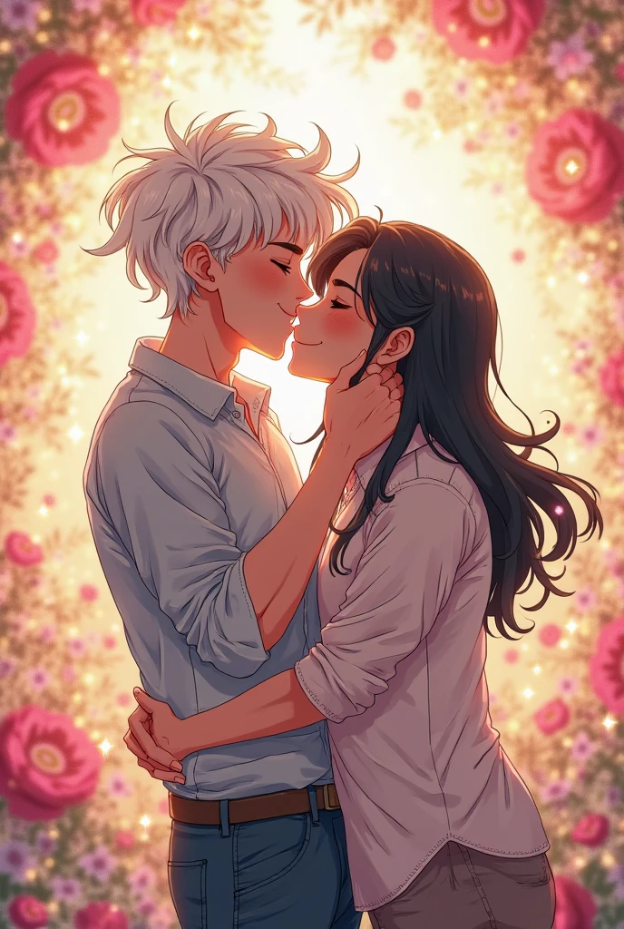 Husband-wife couple, Romeo dan Juliet, Romeo with short white hair Undercut wearing a white shirt Black jacket, Black pants hugging Juliet, Juliet has long straight hair, smooth and soft hair wearing a beautiful dress, wearing a white jacket, happy smiling, Sitting Friendly on the Sofa, Bright Living Room, Romantic Room.