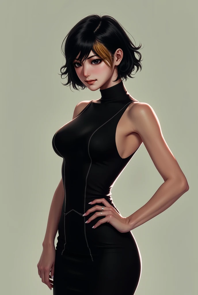 Chica de short hair color negro, outfit maga obscura, short hair