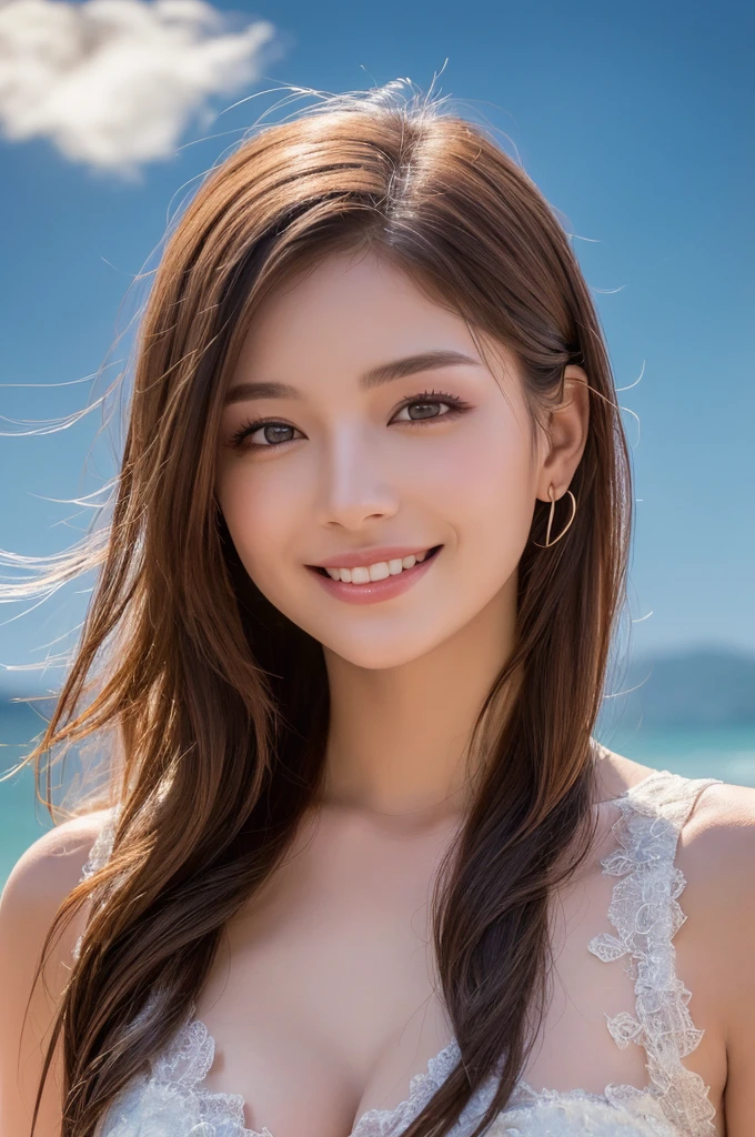 ((top-quality、8K、​masterpiece:1.3))、Shot on the sandy beach、gals、beauty legs、Floral Bikini。、1girl in、beautfull Japanease woman:1.3、(Long hairstyle、tits out:1.3)、 Floral Bikini:1.2、Beautiful Women in Perfect Style：1.4、Perfect eyes、Even-eyed、Natural smile、Perfect iris、Perfect lips、flawless skin、no moles、Super Detail Face、Delicat eyes、二重まぶた、Soft breasts、A smile、Exposed cleavage