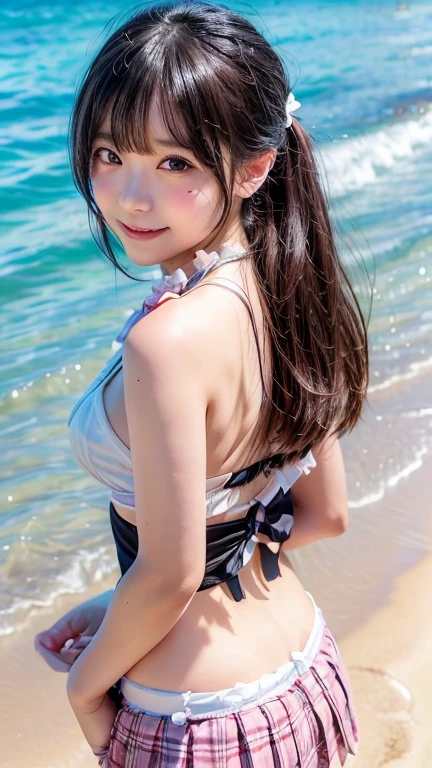 on the table, best quality, illustration, Super detailed, fine details, high resolution, 8k wallpaper, Perfect dynamic composition, Beautiful and delicate eyes,whole body摄影,show your whole body、collared shirt、mini skirt,thin and transparent、long gray hair, Bold sexy pose,Smile,Harajuku、20 year old girl、Eyeliner、beautiful bangs、hair between eyes、((masterpiece、top quality、Super detailed、movie light、intricate details、high resolution、Very detailed))、background for this、8 kood、digital SLR、soft light、high quality、film grain、富士XT3 、shallow view deep、natural soft light、Kamimei、See the knees, side view, standing at the beach,Look at the sexy shots of the lens、Above the legs、whole body、