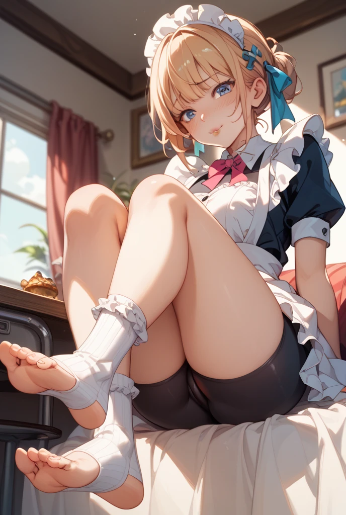highest quality、masterpiece、((1 girl:1.5))、((smile:1.3))、(blush:1.4)、Black Shirt、blouse、((fun!!))、(Small breasts)、(Pink)、Blonde、(Long sleeve)、((White apron:1.5))、((Maid))、((hair ornaments)),、Kamimei、look at me、 ((in house:1.5))、 Taking a break from watching the audience、Cowboy Shot、((Shaved:1.5))、(Roll-up skirt:1.3)、(Fully exposed and highly detailed labia:1.5)、((Skirt lift:1.5)),()、()、、(スカート that rolls up:1.3)、()、Light blue eyes、long hair、Glowing Eyes