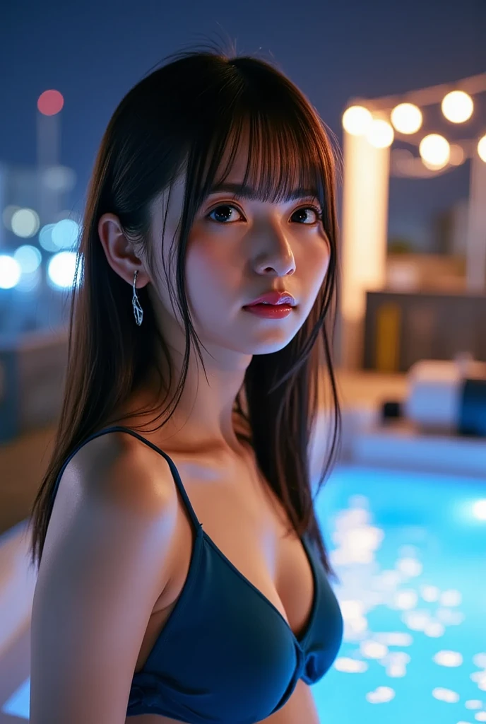 (Cinematic aesthetics:1.4) Beautiful Korean fashion model bokeh city night photo bikini