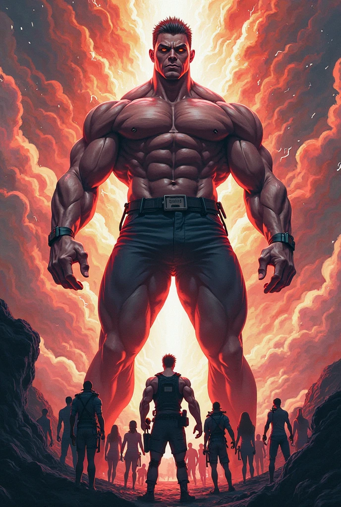 A naked muscular man staring at you, looking down at viewer, penis, big penis, cum, smiling, sweaty