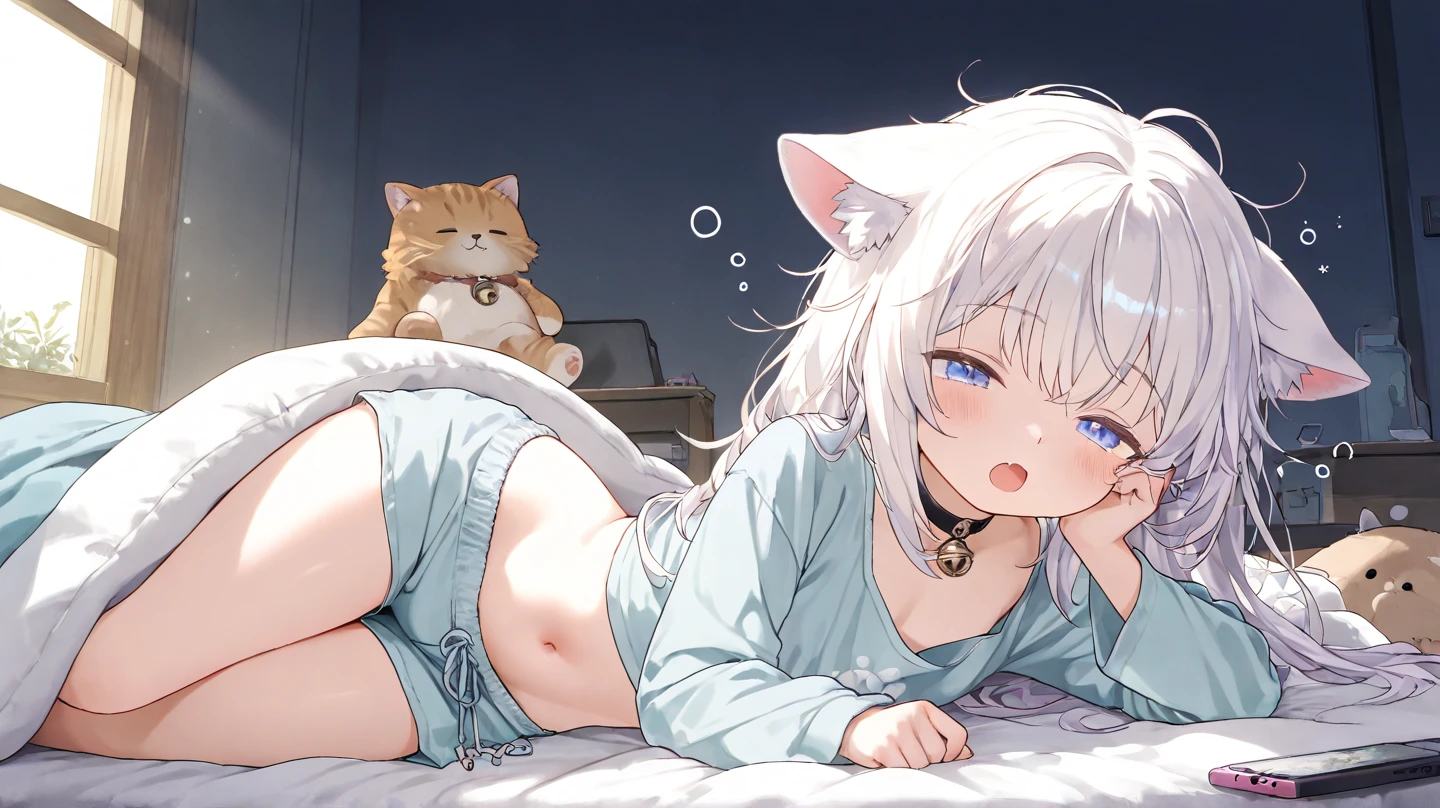 score_9, score_8_up, score_7_up, score_6_up, 1girl,
 <lora:Ichihoshi_Lumina:0.8> lumina, long hair, heterochromia, ahoge, white t-shirt, bare shoulder, blue pajama shorts, sit, cat slippers,