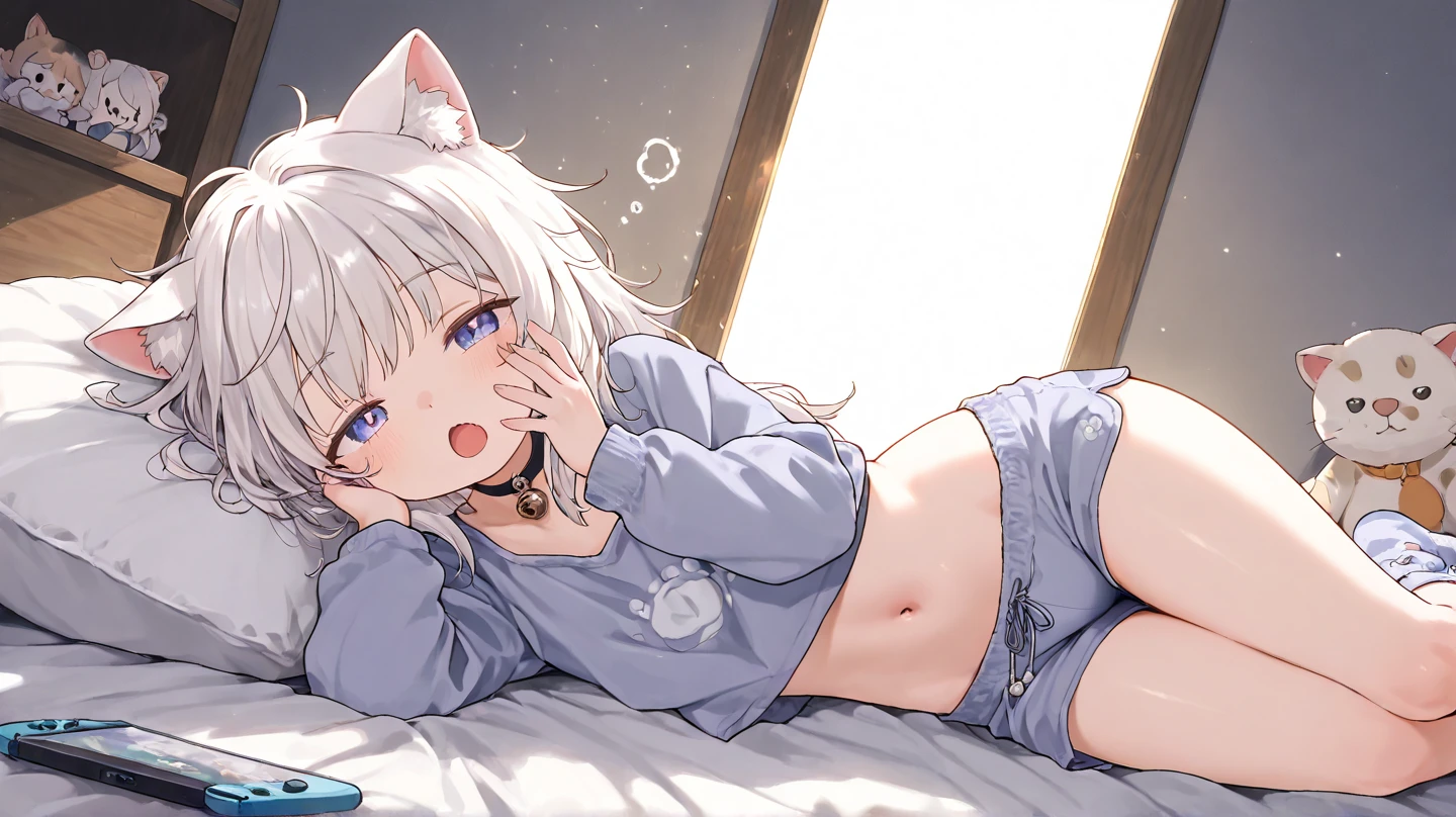 a cute adult male with wolf ears, white hair, has a wolf tail, wearing a loose cropped oversized black hoodie, wearing a pair of denim short shorts and fishnet stockings, thick thighs, wide hips, relaxing on mound of fluffy animal plushies, short, very slim, showing slender tummy, stretching out, heart on hoodie, squishy thighs, has glowing blue eyes