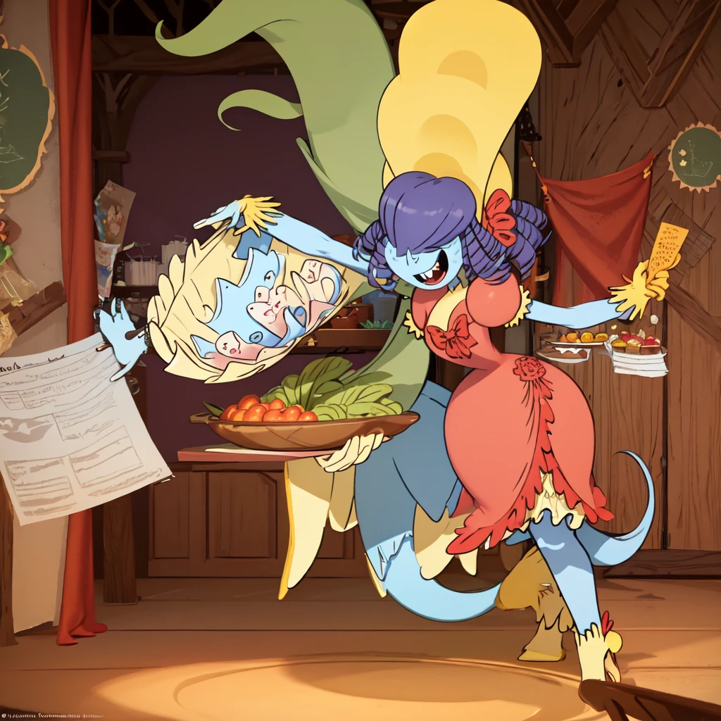 A sexy goblin with very big bouncy, big nipples, big ass, trailer trash cute face, and a crazy hairdo is cooking in a chaotic kitchen. She is wearing a trailer trash queen outfit and playfully flirting with the viewer. The scene is captured in (best quality,4k,8k,highres,masterpiece:1.2) ultra-detailed, realistic style, with vivid colors and sharp focus. The kitchen is messy and filled with pots, pans, and utensils, creating a sense of chaos. The lighting is warm and inviting, highlighting the goblin's features and the vibrant colors of the kitchen.