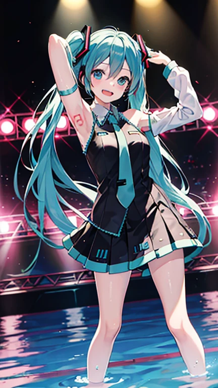 best quality, high resolution, hatsune miku, emo, mascara, black t-shirt, black skirt, pantyhose, high shoes, concert, black telecaster, guitar, studio, amplifier, messy room, cable, night, choker, piercings, Heavy eyeliner, dark eye make up, Pale complexion, spikes accessories, wristbands, complex baground, Flashing, Graffiti, Drinks,Posters, Backdrop, Soundboard, Underground, Crowded, Loud, Sweaty, Energetic, Moshing, narrow