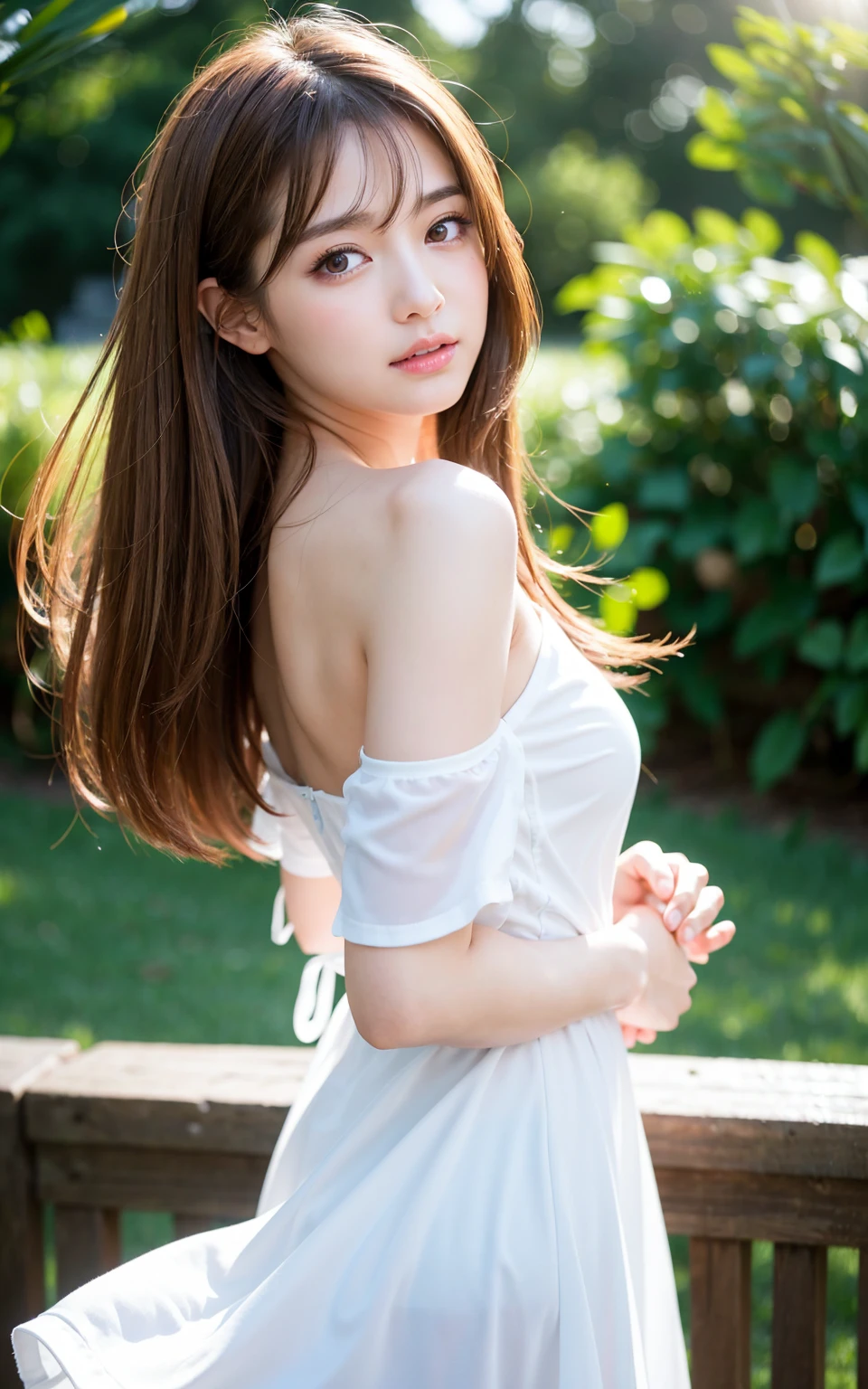 masterpiece, best quality, (Intricate details), beautiful eyes, 1girl, solo, outdoors, blue sky, cloudy, bokeh, lens flare, anamorphic lens flare, depth of field, seductive face, seductive smile, long white hair, red headband, tiny sundress, big breasts, ass, frontal, smiling at viewer