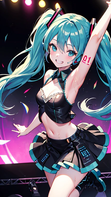 Anime illustration、highest quality、cyber punk、Voluptuous Diva、Hatsune Miku、Bikini Dress、Sing and dance、Night Show、Illuminated by spotlights、colorful psyllium、Perfect proportions、Live music on the stadium stage、overwhelmingly big breasts、Beautiful, shining eyes、Cowboy Shot、smile、Excessive sweating、Noise Reduction