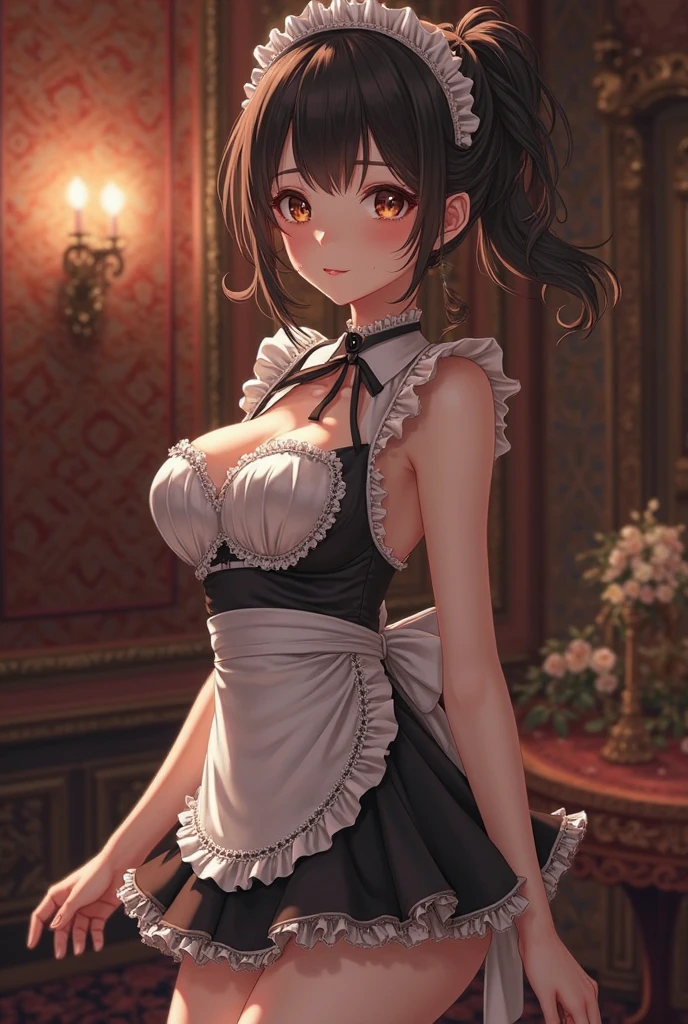 (((Masterpiece))),(((Super Detail))),(((in 8K))),(((best composition))),(((Rim lighting,Fireglow effect,deep shadow))),solo),Beautiful fingers,Detailed finger features,(Detailed hair features:1.7),(Dynamic and ???? bending pose:1.3),detailed facial features,detailed clothes features, (perky ?????:1.1), (pointed ?????:1.3), delicate beautiful face, Bright blue eyes, cute eyes, sparkling eyes, Big eyes, beautiful detailed eyes,double bun with glittering hair ornament:0.6,(super detailed glossy skin:1.3),slender body,goddess smile,((with sparkling eyes and a contagious smile)),beautiful posture,have a cup of coffee,black hair, red eyes, dress, ???? shoulders, jewelry, collarbone, sidelocks, hairband, earrings, indoors, off shoulder, sweater, arms behind back, plant, short hair with long locks, white hairband, off-shoulder dress, sweater dress, off-shoulder sweater, red sweater, big side hair, very long side hair,(super delicate floral pattern:1.2),seductive cleavage:1.3,beautiful glossy legs,shiny red high heels,lifting dishes with cakesd,french restaurant,hustle and bustle,rising steam,(((depth of fields)))
