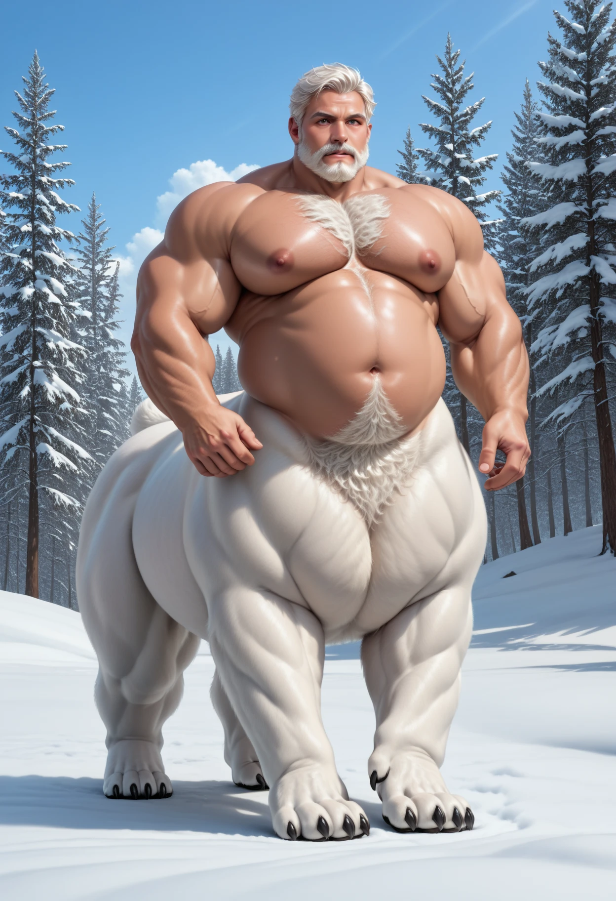Two chubby centaur, ramdom any place, big hooves, bright white fur, white hair centaur, anatomically correct centaur, docked tail, human face, human nose, human eyes, wide equine hips, thick thighs, male, raised tail, anatomically holding the tail, epic skin, epic fur, hyperrealistic, hyperrealistic skin human, hyperrealistic skin, hyperrealistic human nose, hyperrealistic human body human, hair hyperrealistic, hyperrealistic  face,  frontal pose.