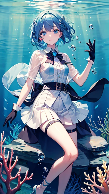 (masterpiece, best quality, detailed), 1girl, solo, looking at viewer, <lora:rukia-v2-wasabiya:0.9>, krukia, black hair, short hair, purple eyes, hair between eyes, sundress, white dress, sun hat, indoors, aquarium, aquarium tunnel, glass, blue theme, scenery, tunnel, fish, school of fish, contrapposto, legs apart, head tilt, ribbon, hat ribbon, cleavage, (ceiling:0.85), (ceiling light:0.85), hands on headwear, hands up, smile, parted lips