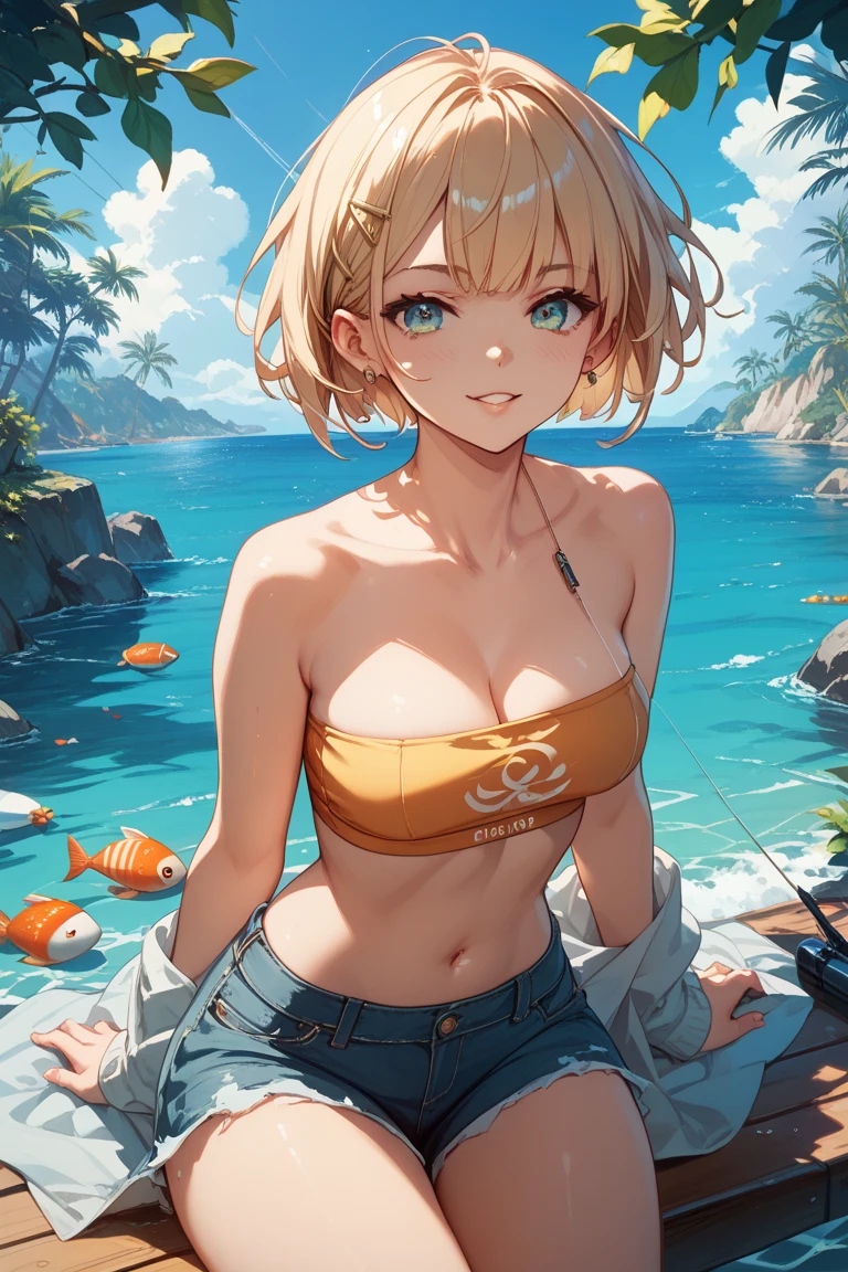 1girl, short blonde hair, Average Breasts, Narrow top, short denim shorts, wearing sunglasses, brown eye, at a beach, 8K, Masterpiece, hight resolution, Smiling