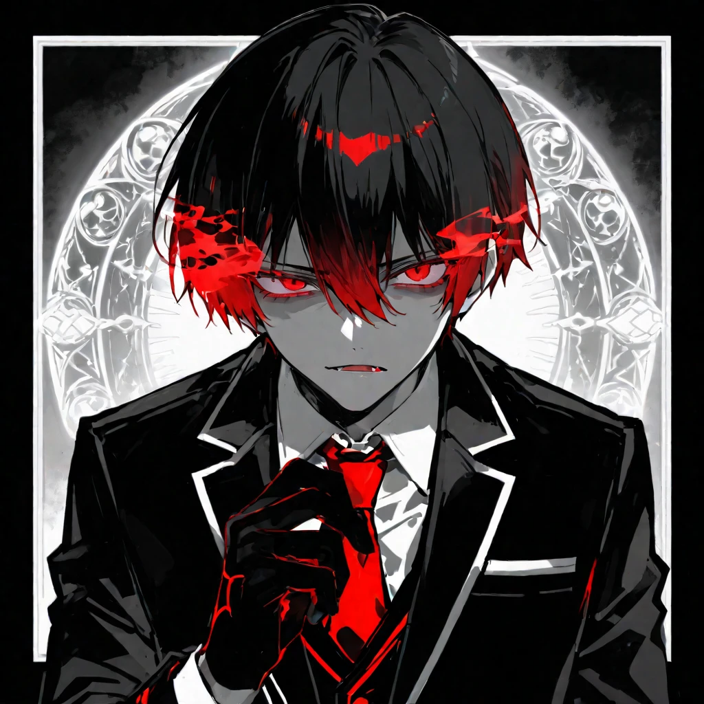 (best quality), very detailed, ((one man)), perfect face, Beautiful face, very detailed,(Black-haired man:1.3),suit,shirt, boy, boy, 10 years old, cute , figure, Pinkish white skin, (red eyes),