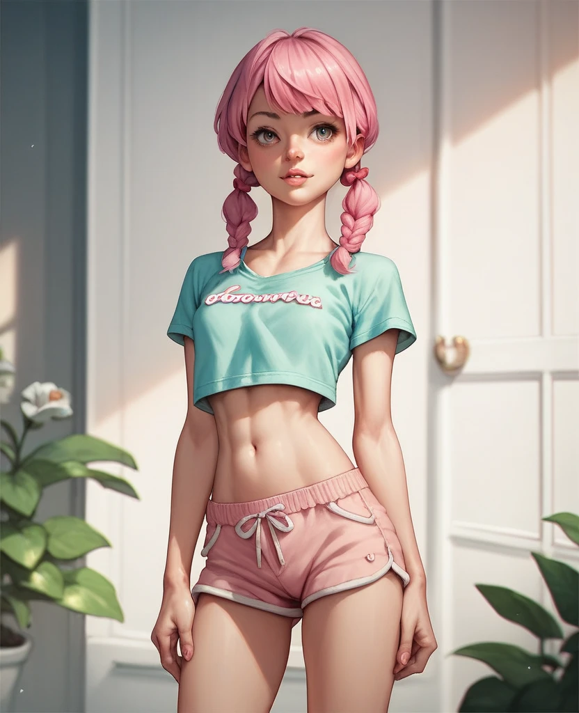 1 pretty woman, short pink hair with pigtails, small waist, skinny, small crop top, cotton short pajama shorts, in panties