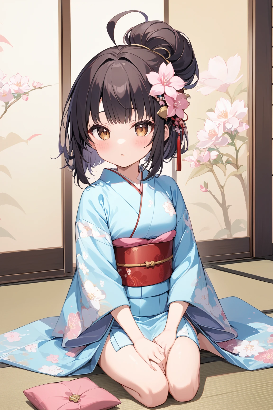 Girls under , Up to 100cm high, kimono, Small breasts, Patterned cotton panties, Fabric Realism, Black Hair, No jacket