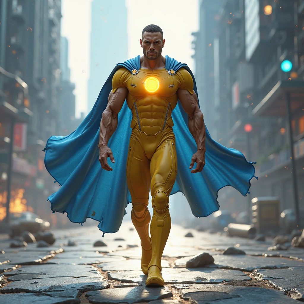 Full body photorealistic handsome hunky young slender futuristic male hero with messy red hair wearing a navy and yellow costume and wristbands that can create lightning ,,super Bulge.