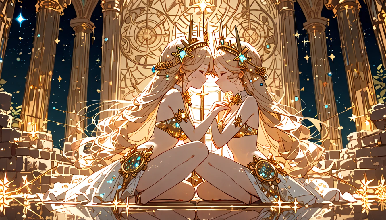 Two girls without clothes with small breasts, Wet, Blonde woman with long curly hair, bright green eyes, mysterious expression, very young looking,, glamorous interior, A lot of gold, flowing fabrics, elegant gold jewelry, Intricate decorations, Magic symbols, Luminous Accessories, Potion, Scrolls, Lovely Accents, tapes, blooms, black and gold (((completely naked))), long beautiful legs spread wide apart, narrow hips, skinny waist, high-heeled shoes, black stockings, sparkly skin, conjures, witchcraft