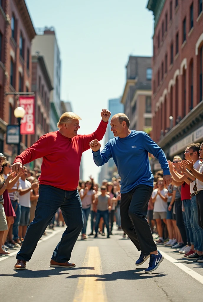 A young British man fighting a fat American man in the middle of the street