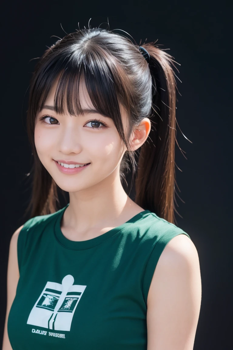 Lens 135mm f1.8, (highest quality),(RAW photo), , (Beautiful old Japanese girl), cute face, (deeply carved face:0.7), (freckles:0.6), ,dramatic , (japanese school (croptop) brown tanktop), (inside the school), shy, low twintails, , (smile),, (sparkling eyes)、